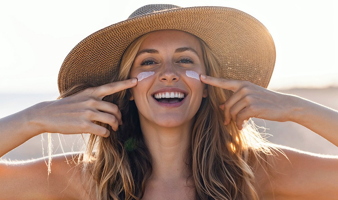 Woman smiling as she is applying sunscreen on her face while looking at camera at the beach.